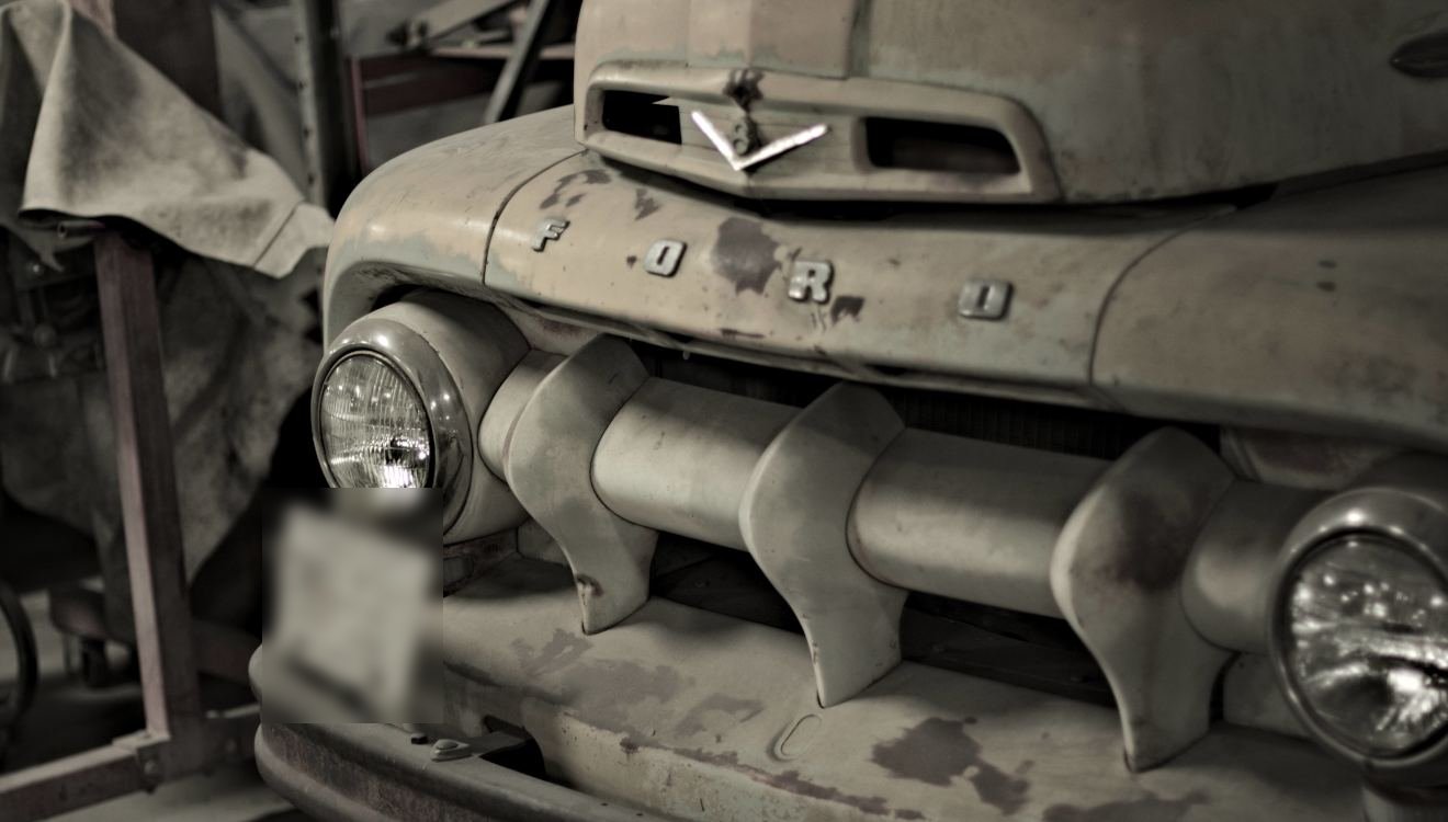 Grille of a 1952 Ford pickup in the shop